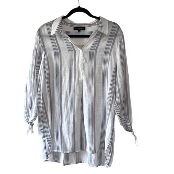 Fred David Womens Striped Button-Front Blouse With Tie Sleeves L White & Gray - Picture 1 of 8